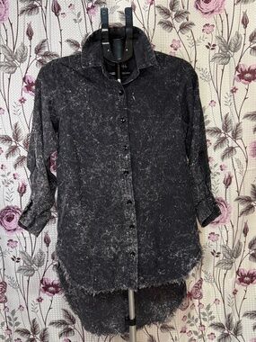 Thrill Jeans acid wash button-up shirt with a distressed grunge style. Lightweig